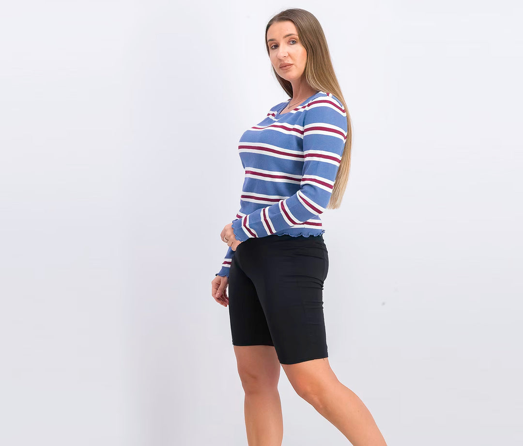 Ultra Flirt Women's Midnight Blue Striped Lettuce Edge Pullover Sweatshirt Sz M