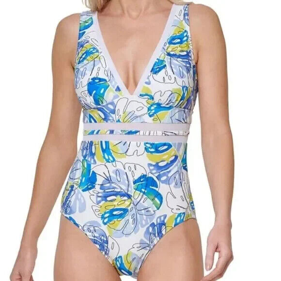 Tommy Hilfiger Women's White Monstera Leaf Plunge One Piece Swimsuit Size 14