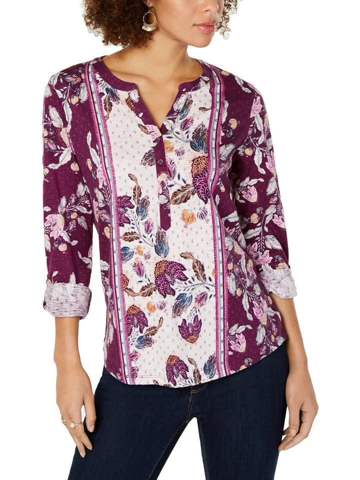 Style & Co Women's Vivid Violet Floral 3/4 Sleeve Henley Blouse Top Size PXL