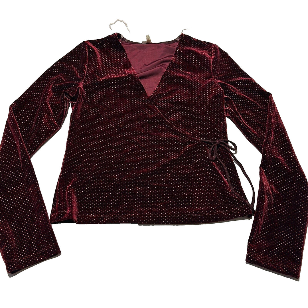 Self E Women's Burgundy Glitter Surplice Neck Long Sleeve Blouse Top Size Small