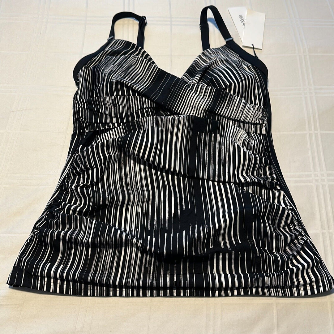 Calvin Klein Women's Black Striped Twist Front Tummy Control Tankini Top Size M