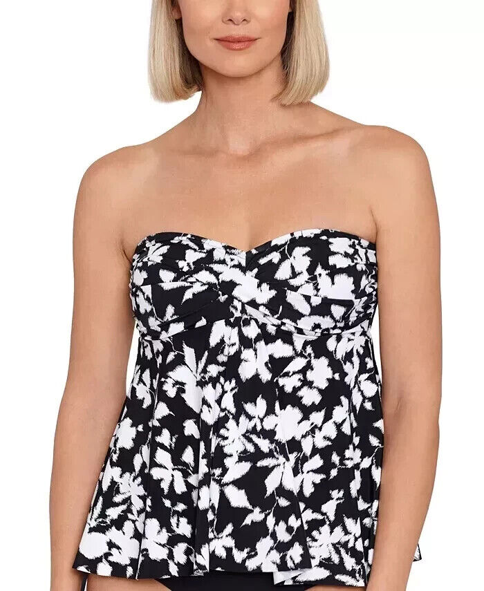 Swim Solutions Women's Black White Floral Flyaway Twisted Bandeau Top Size 18