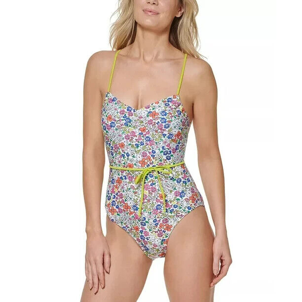 Tommy Hilfiger Women's Soft White Floral Adjustable One-Piece Swimsuit Size 12