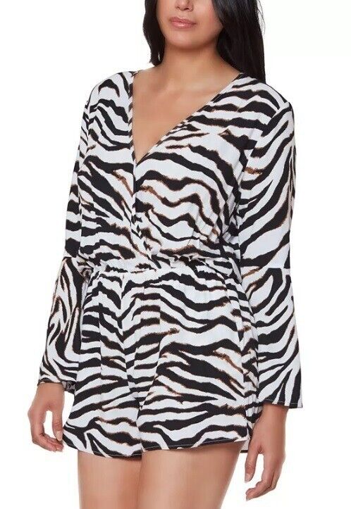 Bar III Women's White Zebra Print Long Sleeve V-Neck Romper Swim Cover Up Size M