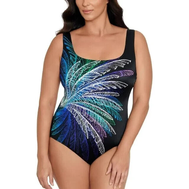 Swim Solutions Women's Blue Palm Firework Print One-Piece Swimsuit Size 14