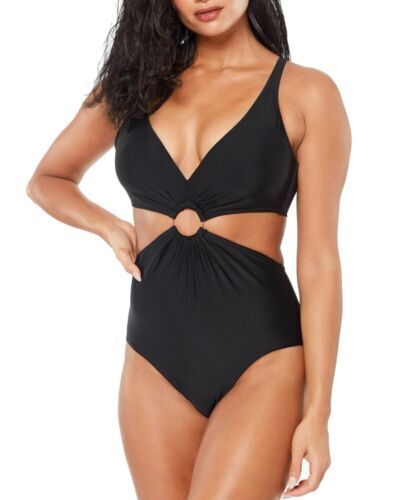 Bar III Women's Black Shirred Monokini Ring One Piece Swimsuit Size Small