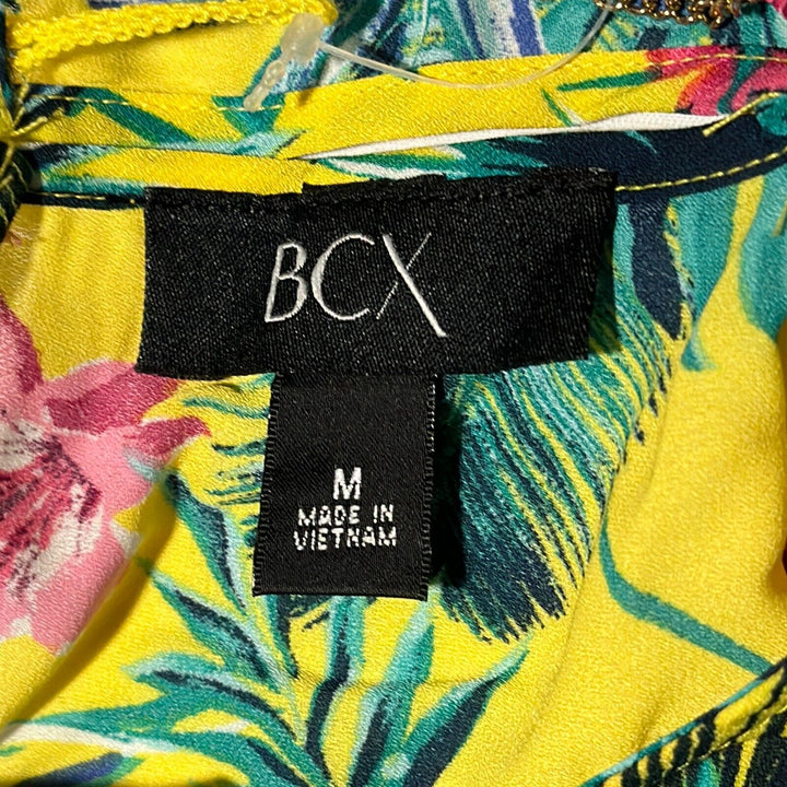 BCX Women's Yellow Floral Short Sleeve Crew Neck Blouse Top Size Medium