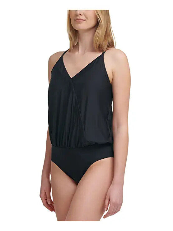 Calvin Klein Women's CG1MS737 Black Crossover Blouson One Piece Swimsuit Size 16