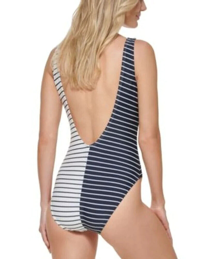 Tommy Hilfiger Women's White Striped Sail Away One Piece Swimsuit Size 18