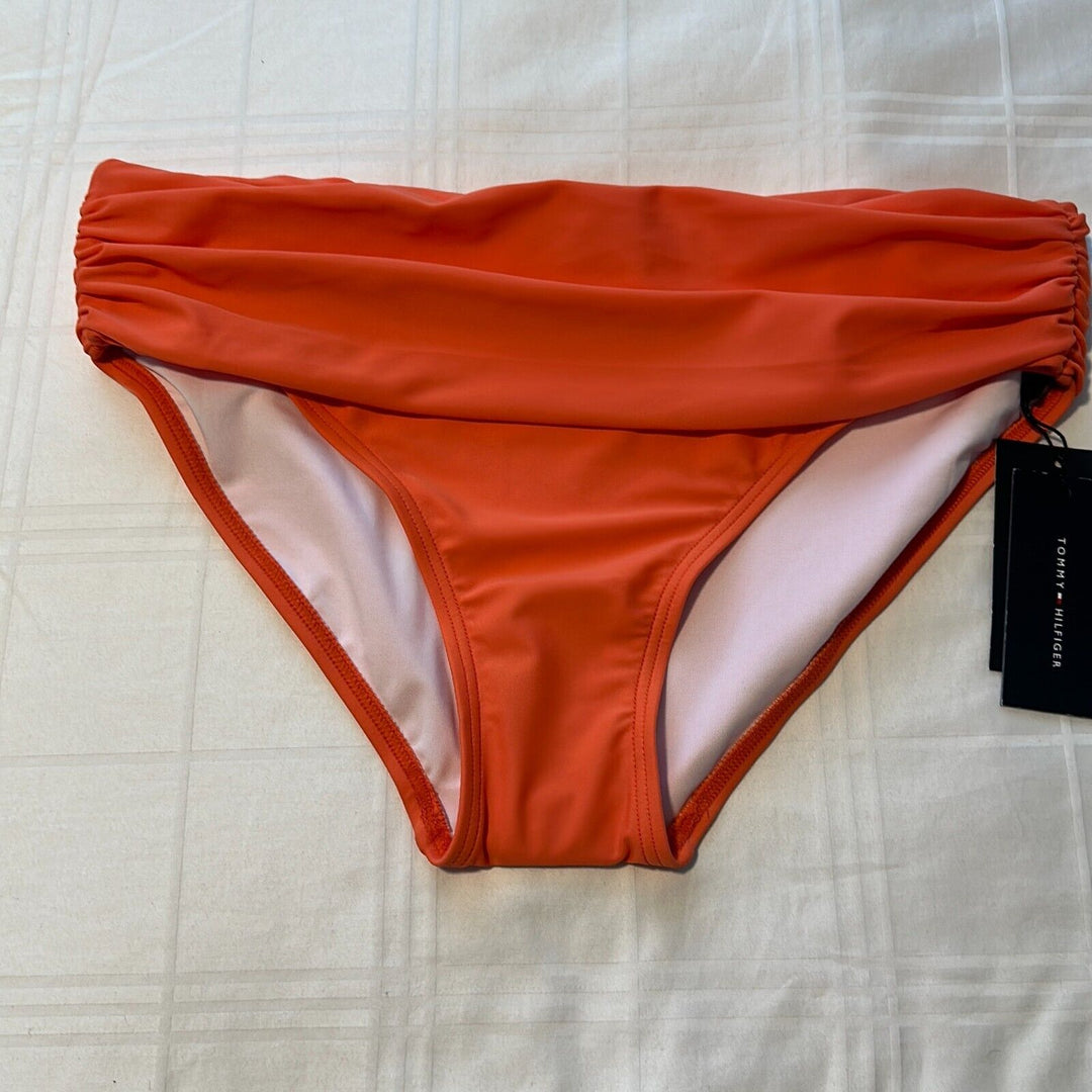 Tommy Hilfiger Women's Orange Emberglow Ruched Fold Over Bikini Bottom Size M