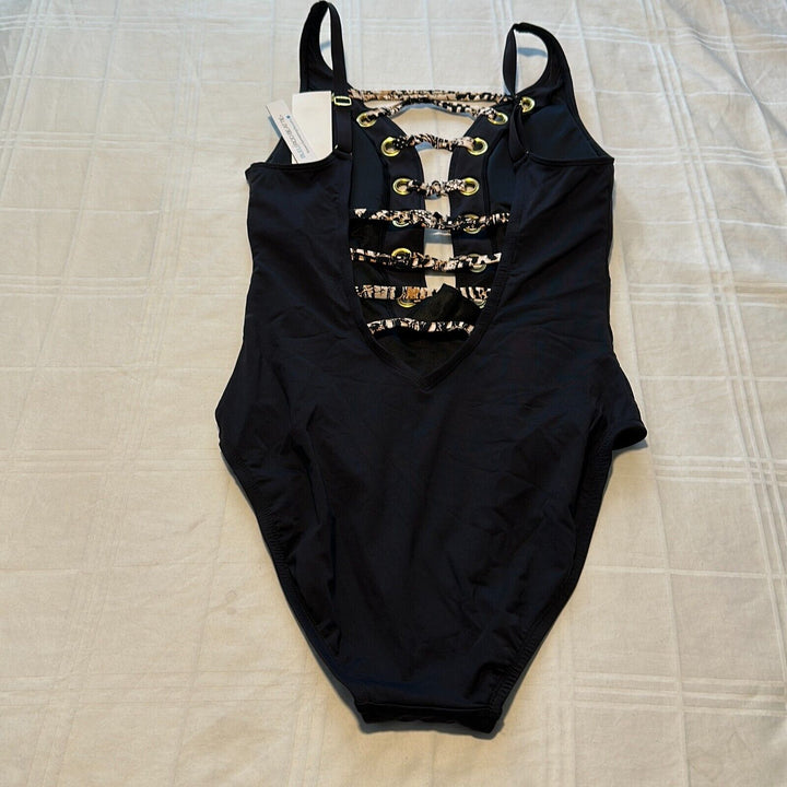 Bleu Rod Beattie Women's Black Black Front Lace Down One Piece Swimsuit Size 6