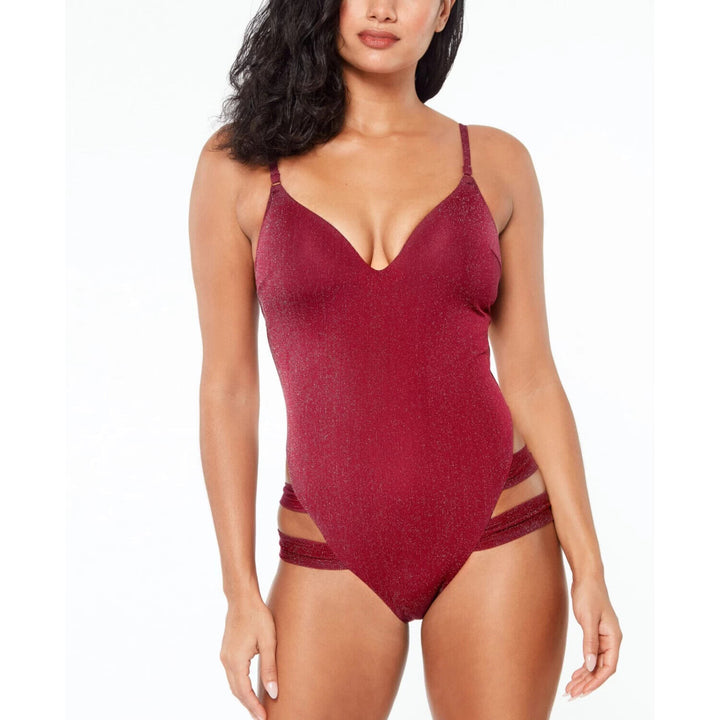 Bar III Women's Shimmer & Shine MBSS21217 Burgundy Strappy Leg Swimsuit Sz Small