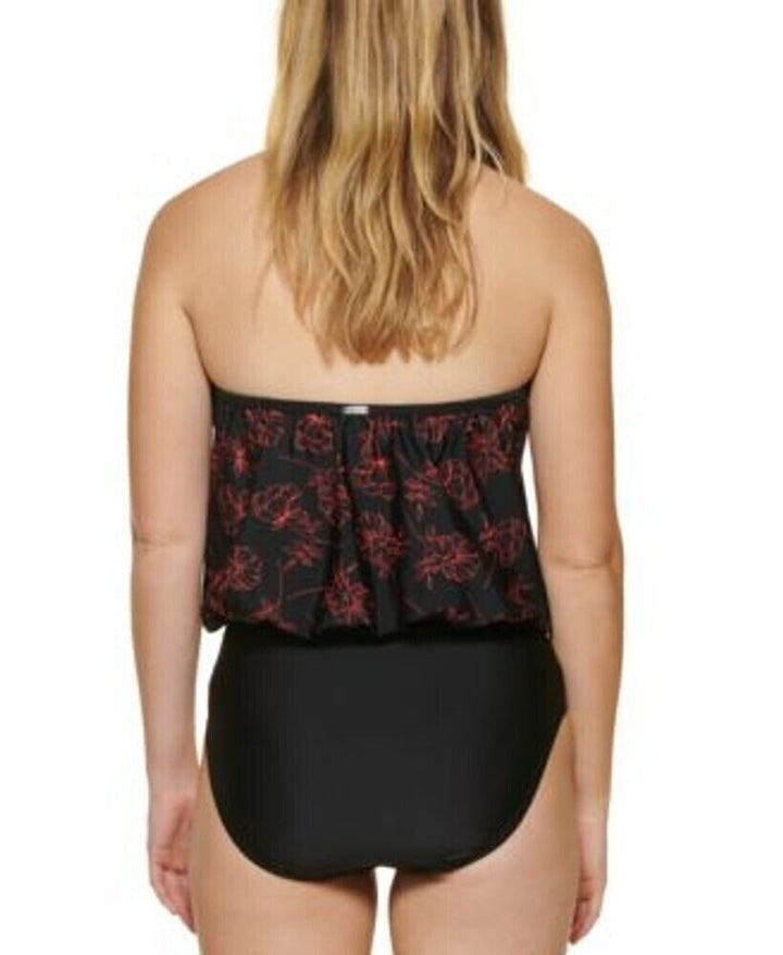 Calvin Klein Women's Black Energy Floral Blouson One Piece Swimsuit Size 6