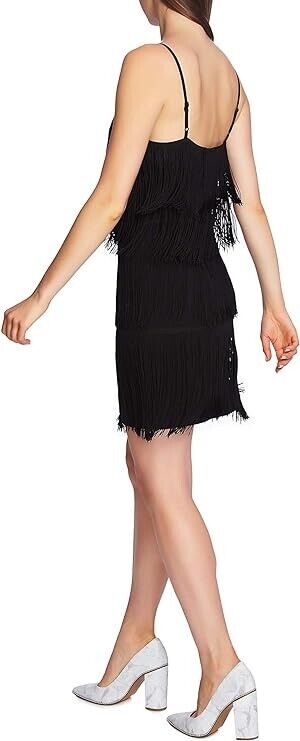 1.STATE Women's Rich Black Fringe Adjustable Strap Short Mini Dress Size 12