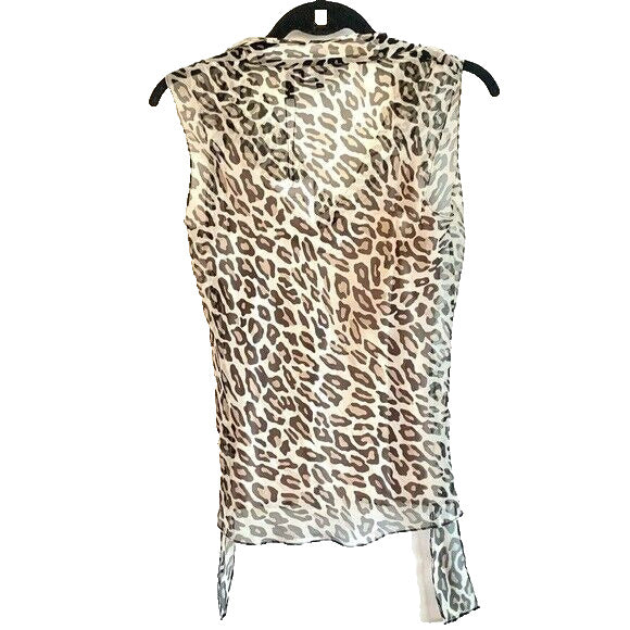 Theory Women's Ivory Leopard Print Sleeveless Crinkle Tie Blouse Top Size PP