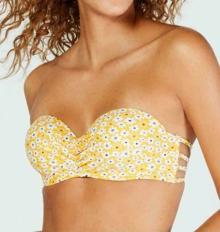 California Waves Juniors' Strappy Side Push Up Bandeau Top Yellow D/DD