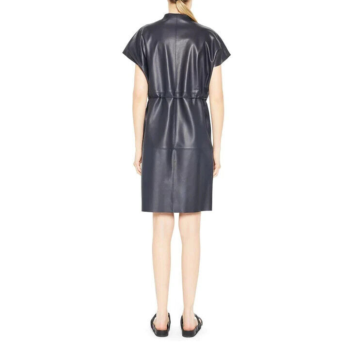 Theory Women's Black Paper Faux Leather Button Front Triangle Shift Dress Size S