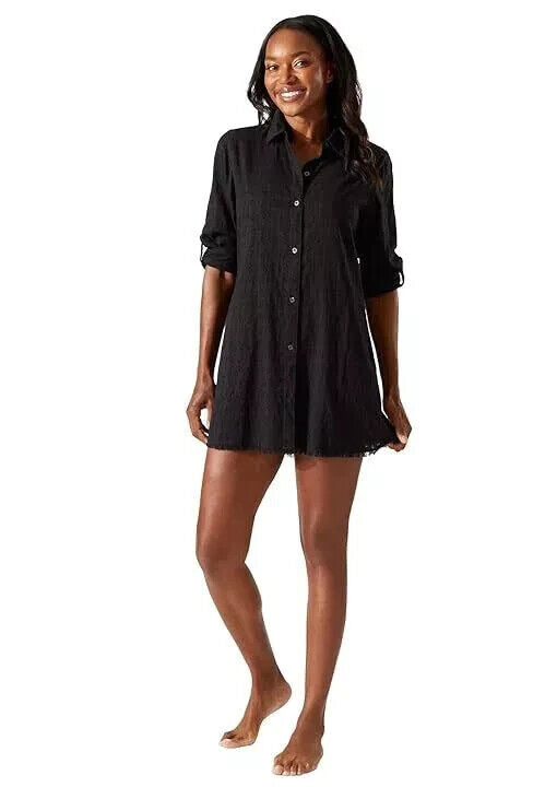 Tommy Bahama Womens Black Cotton Clip Jacquard Boyfriend Cover-Up Shirt Size L