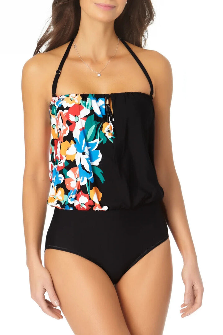 Anne Cole Women's Black Floral Keyhole Detail Blouson One Piece Swimsuit Size 12