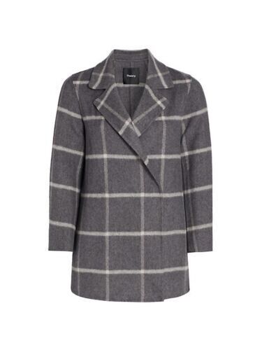 Theory Clairene Women's Gray Check Wool Blend Long Sleeve Open Front Coat Size L