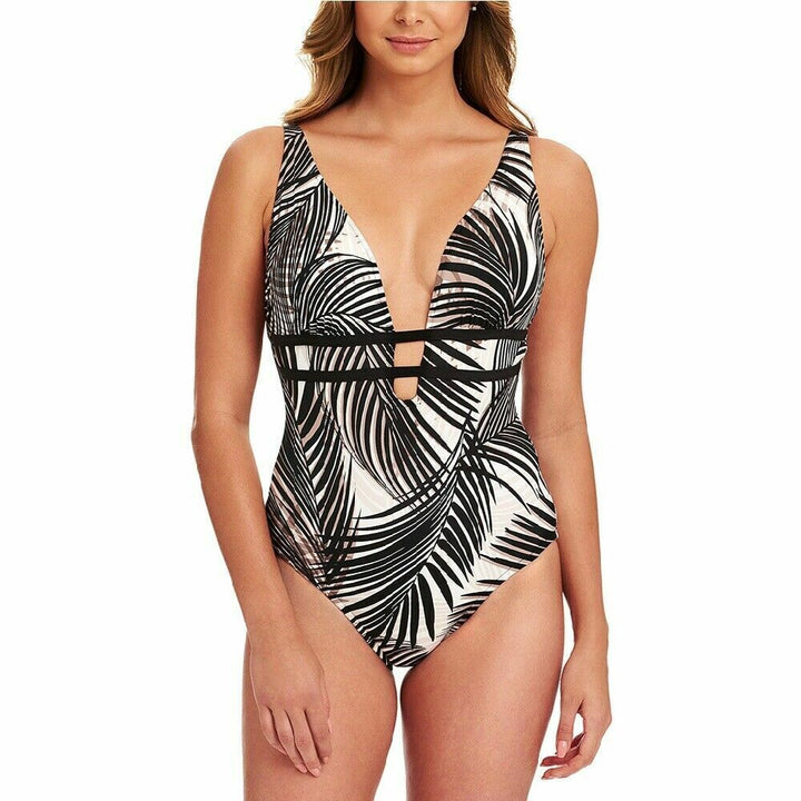 Swim Solutions Swaying Palms Plunge Tummy-Control One-Piece Swimsuit Black 8