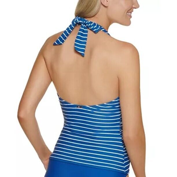 Tommy Hilfiger Women's Gulf Blue Striped Ruched Halter Tankini Swim Top Size S