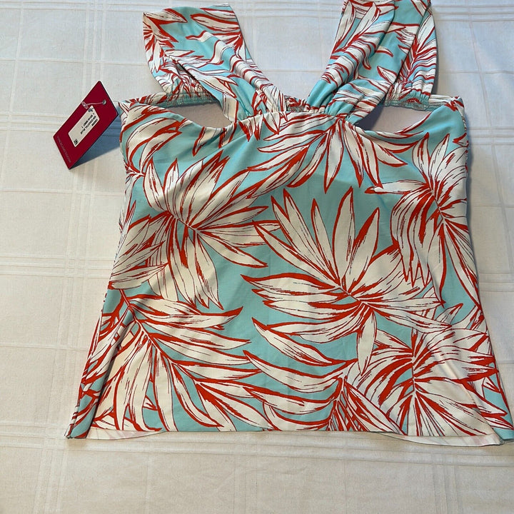 Vince Camuto Women's Coastal Blue Palm Leaf Draped Convertible Tankini Top Sz S