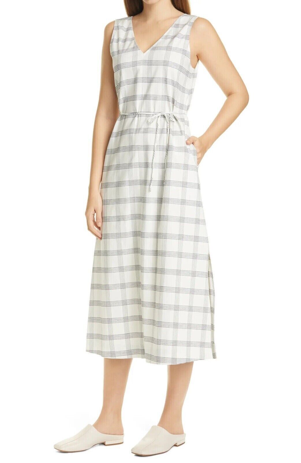 Theory Women's Ivory Spring Plaid Deep V-Neck Side Slit A Line Midi Dress Size M