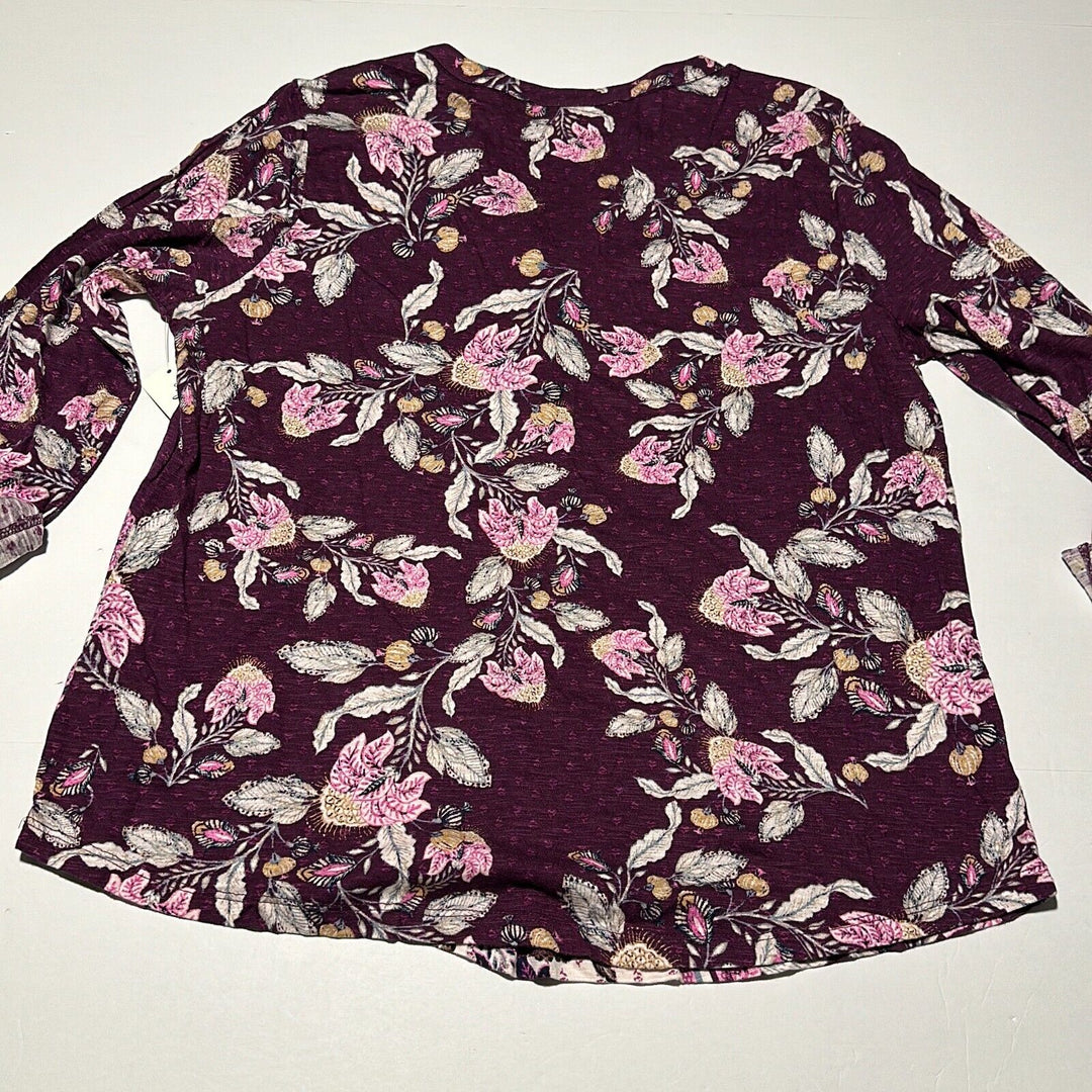 Style & Co Women's Vivid Violet Floral 3/4 Sleeve Henley Blouse Top Size PXL