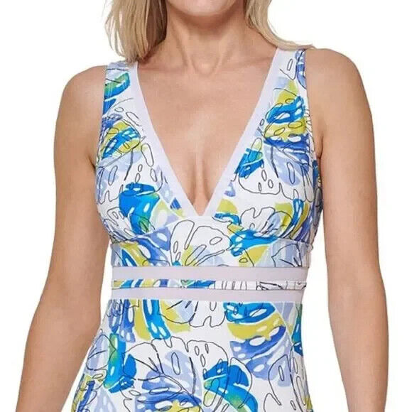 Tommy Hilfiger Women's White Monstera Leaf Plunge One Piece Swimsuit Size 14