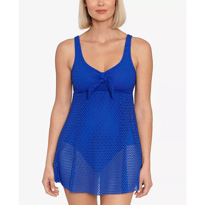 Swim Solutions Cobalt Blue Crochet Bow Front Tummy Control Swim Dress Size 16