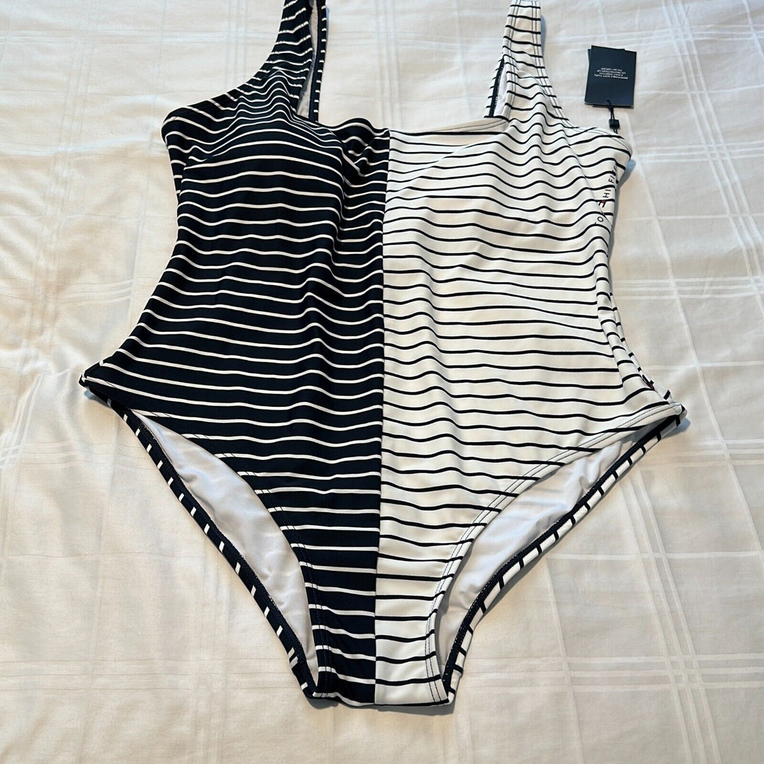 Tommy Hilfiger Women's White Striped Sail Away One Piece Swimsuit Size 18