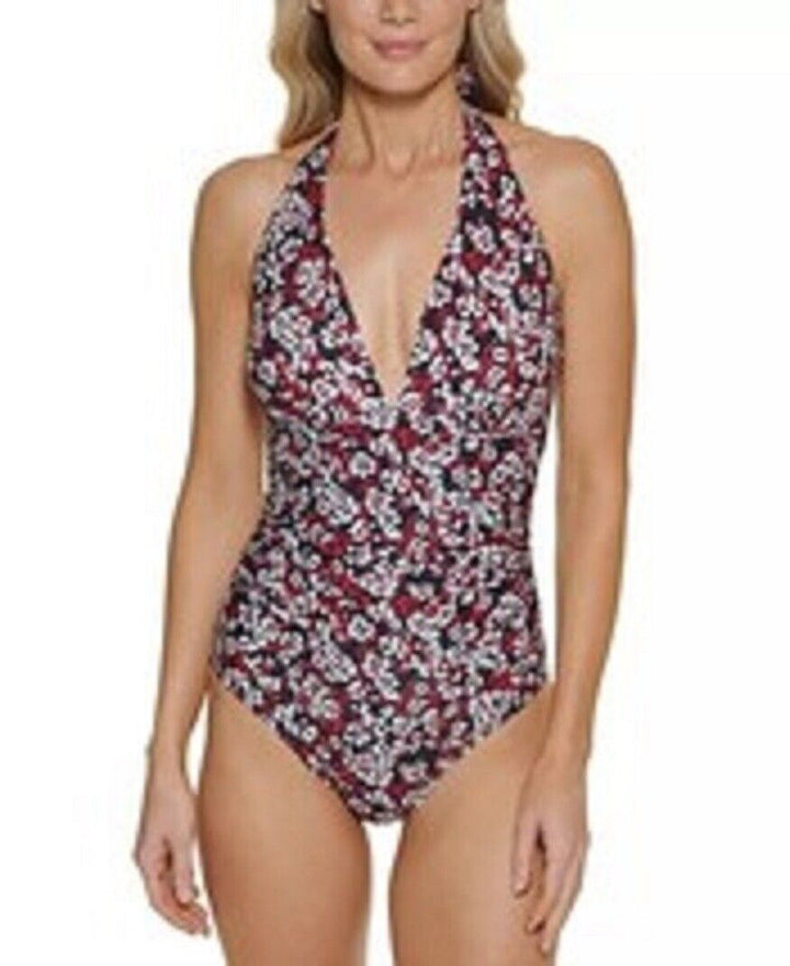 Tommy Hilfiger Women's Red Floral Hamilton Halter One Piece Swimsuit Size 6