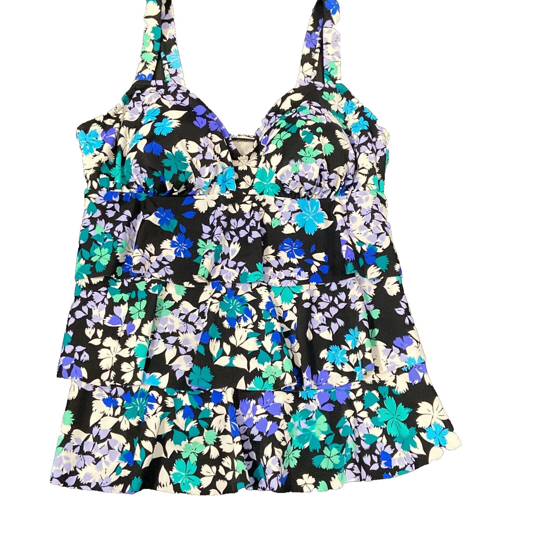 Swim Solutions Women's Black Floral Dancing Queen Triple Tier Tankini Top Sz 10