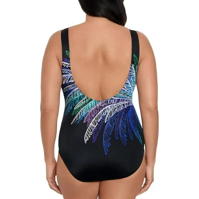 Swim Solutions Blue Palm In Palm Firework Print One-Piece Swimsuit Size 12