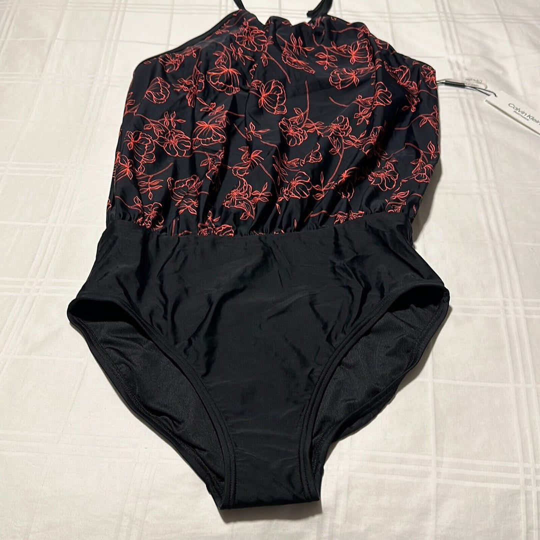 Calvin Klein Women's Black Floral Stretch Blouson One Piece Swimsuit Size 8