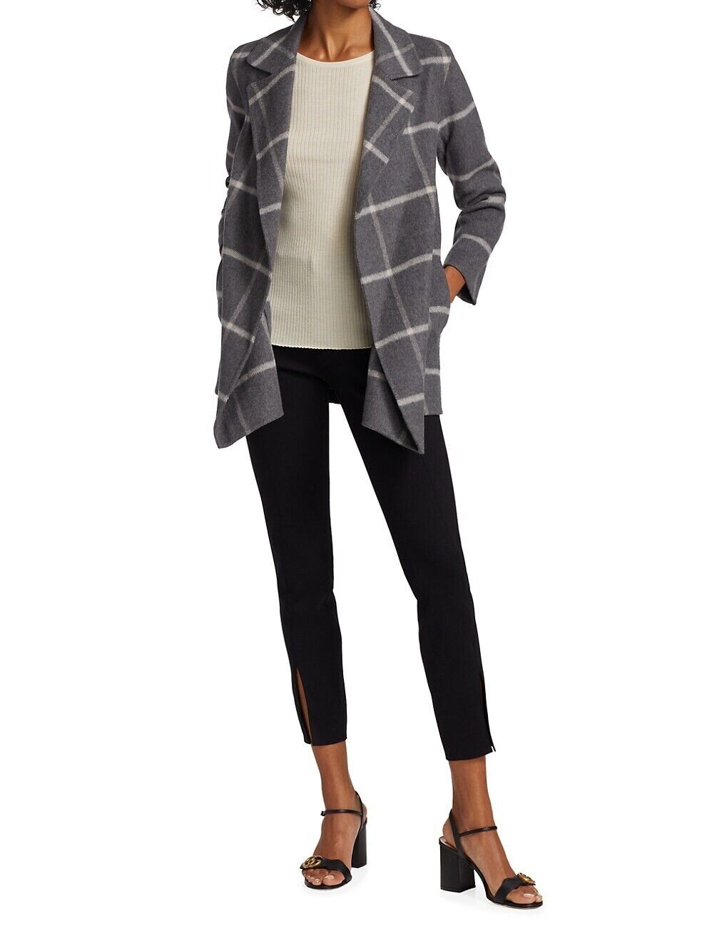 Theory Clairene Women's Gray Check Wool Blend Long Sleeve Open Front Coat Size M