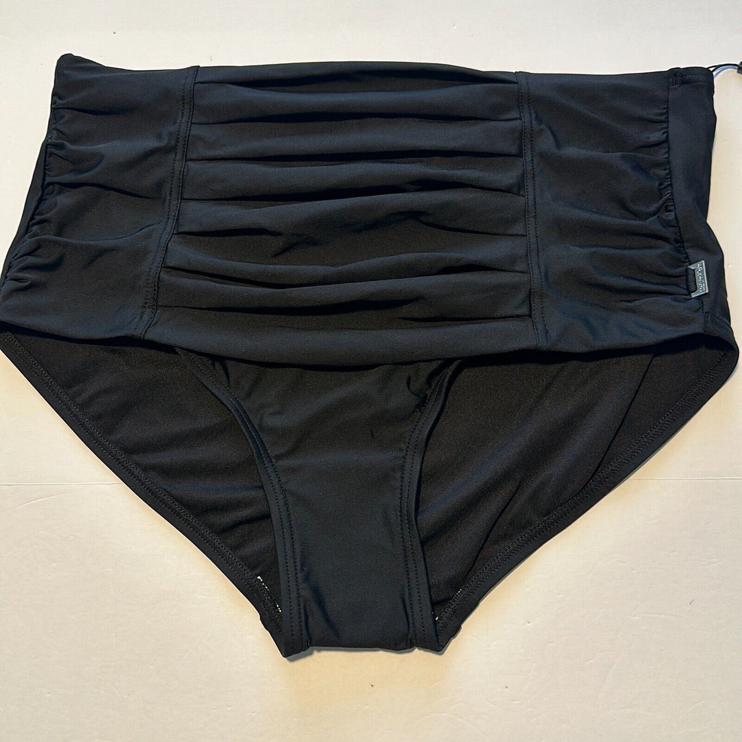 Calvin Klein Women's Black Pleated Stretch High-Waist Bikini Bottom Size Large