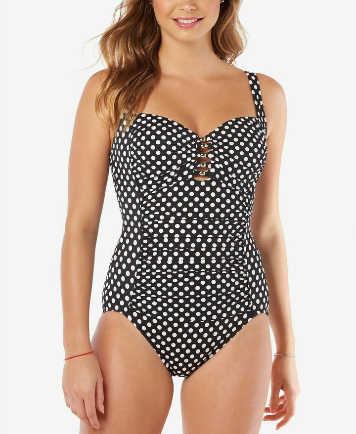 Swim Solutions Printed Beaded One-Piece Swimsuit Black/White 10