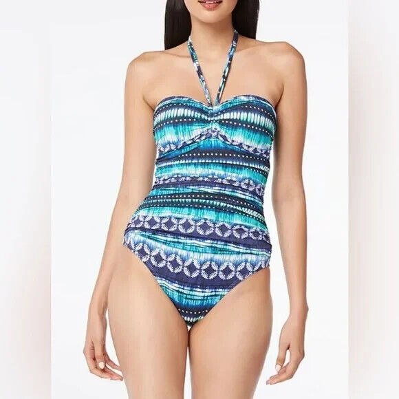 Bleu Rod Beattie Women's Navy Blue Sun Sea Sand Bandeau One Piece Swimsuit Sz 14