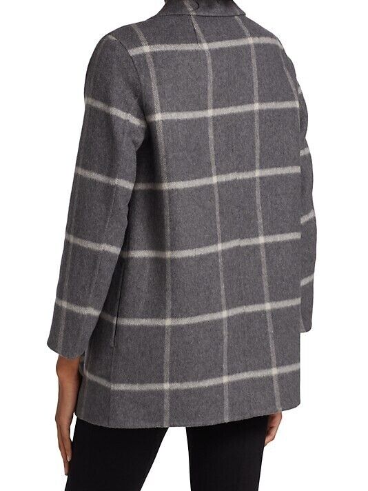 Theory Clairene Women's Gray Check Wool Blend Long Sleeve Open Front Coat Size M