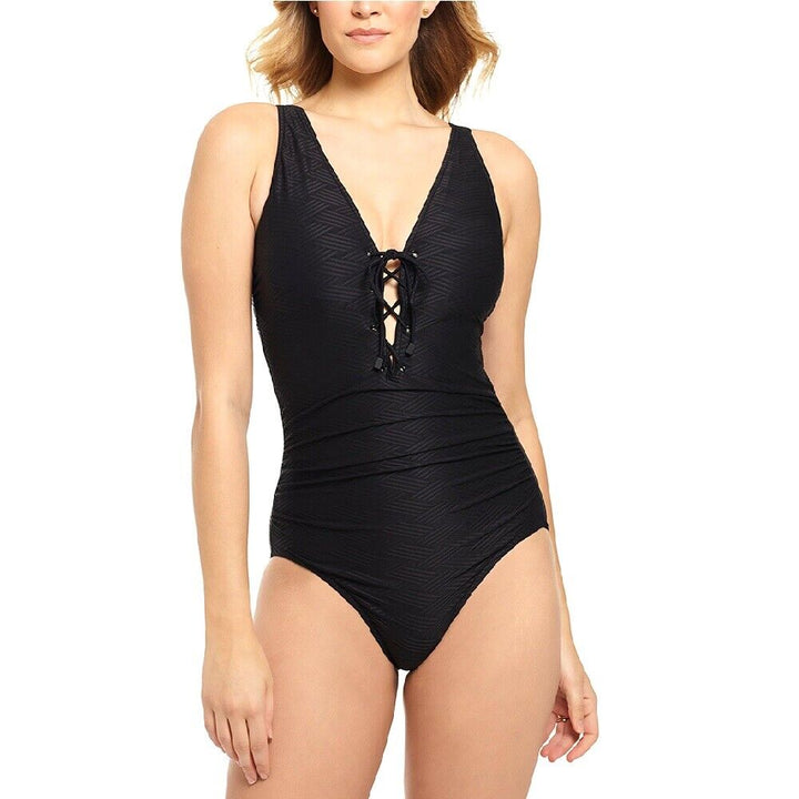 Swim Solutions Solid Textured Lace-Front One-Piece Swimsuit Black 10