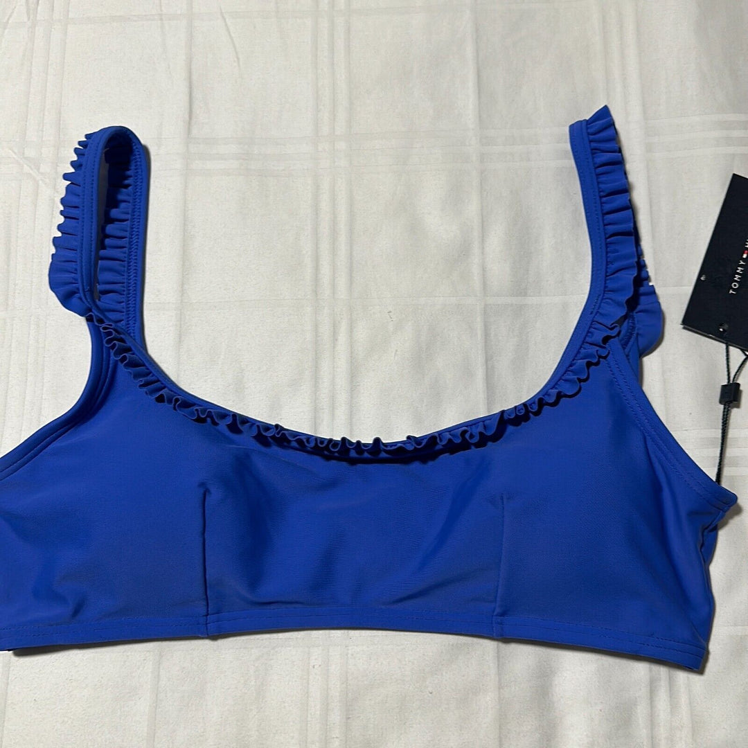 Tommy Hilfiger Women's Blue Ruffle Trim Swimwear Bikini Top Size Medium,