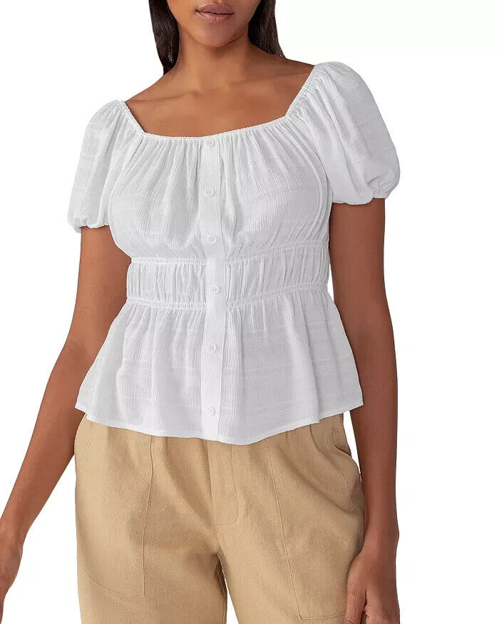 Sanctuary Women's White Short Puff Sleeve Button Front Peplum Blouse Top Size S