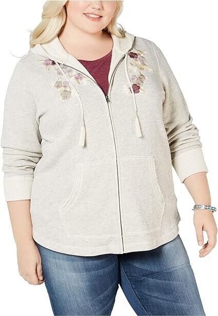 Style & Co. Women's Gray Heather Embroidery Long Sleeve Full Zip Hoodie Size 1X