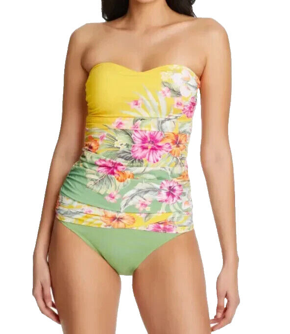 Bleu Rod Beattie Women's Canary Gold Floral Regular Bandeau Tankini Top Size 14