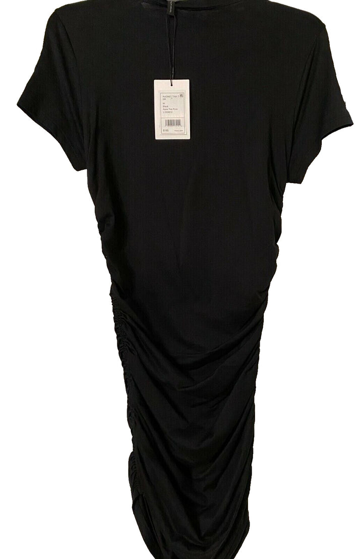 Theory Women's Black Ruched Tiny Apex Crew Neck Short Sleeve Mini Dress Size M