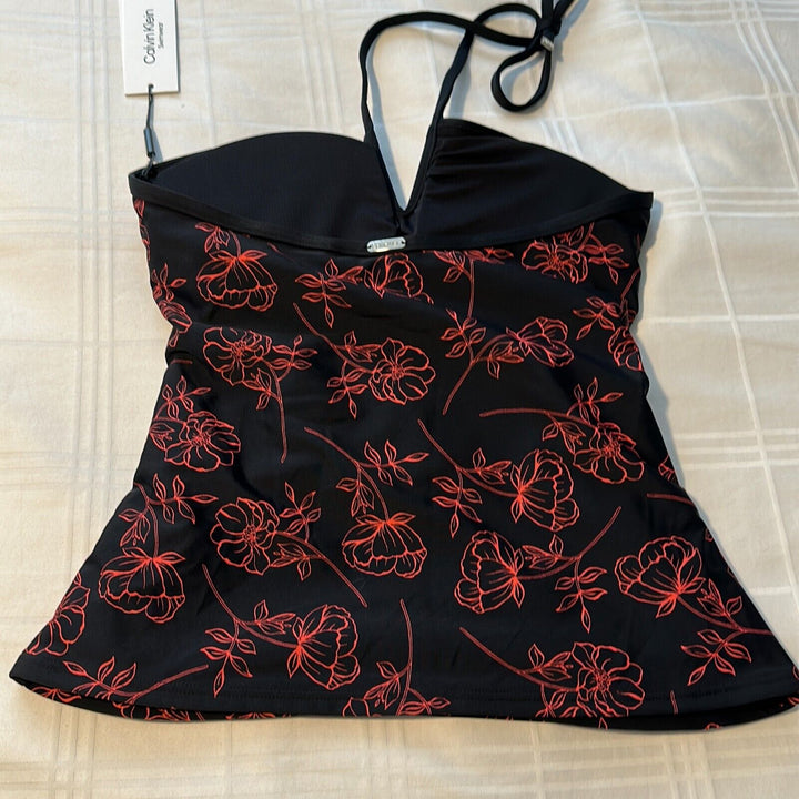 Calvin Klein Women's Black Floral V-Wired Halter Tankini Swim Top Size S