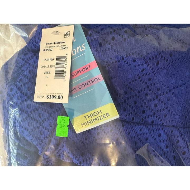 Swim Solutions Cobalt Blue Crochet Bow Front Tummy Control Swim Dress Size 12