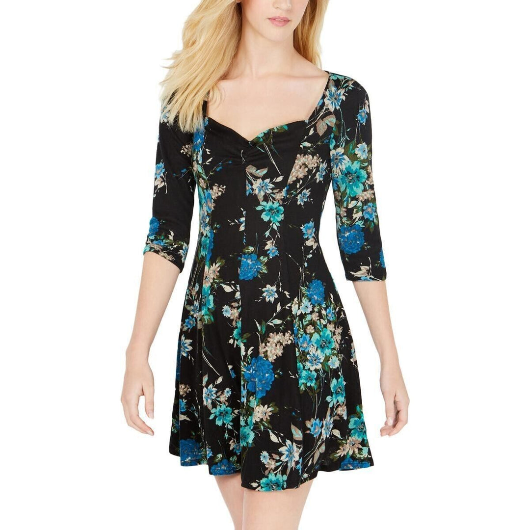 Be Bop Women's Black Floral 3/4 Sleeve Sweatheart Neck Mini Dress Size Medium